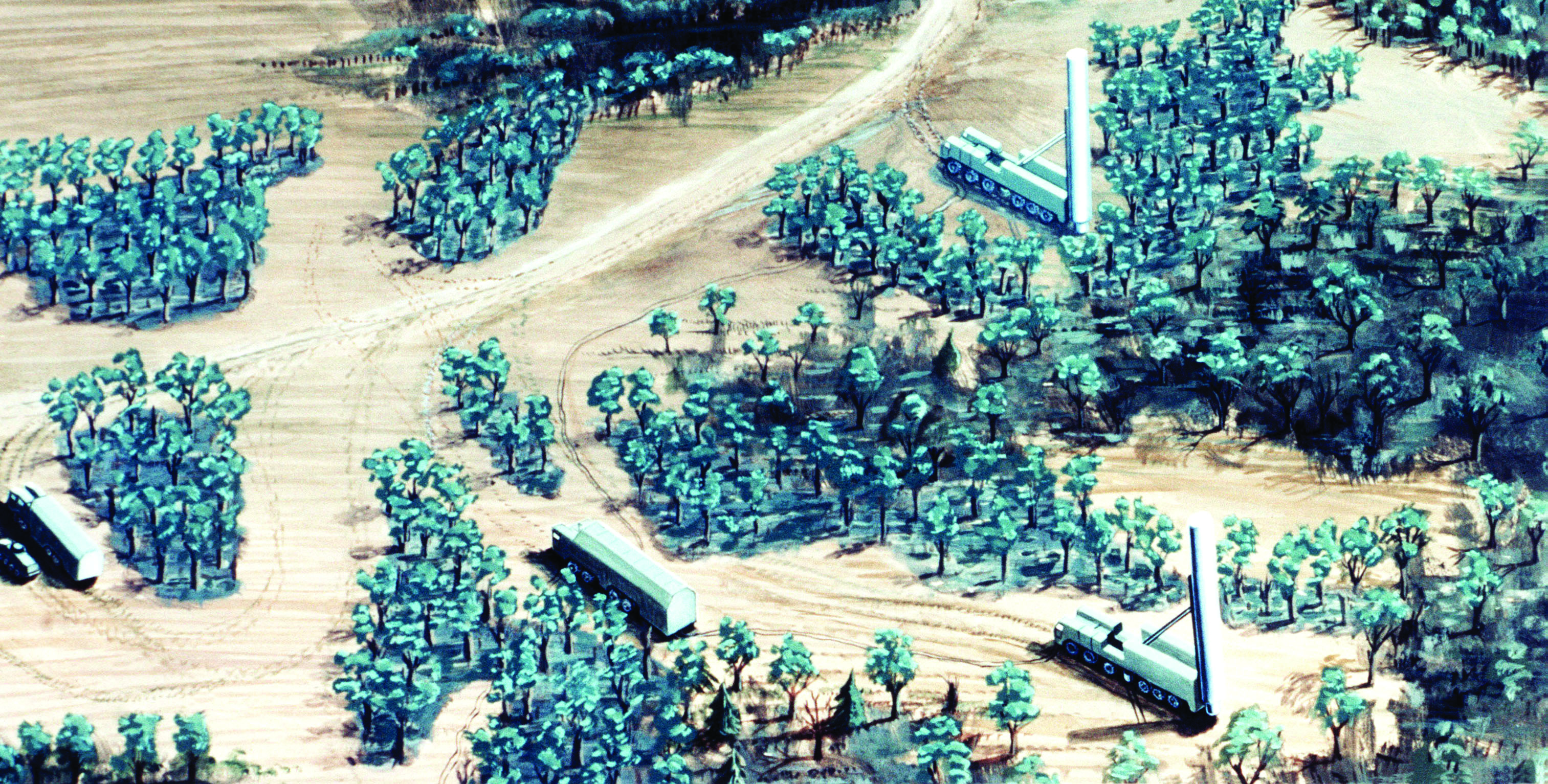 Painting featuring forests and vehicles
